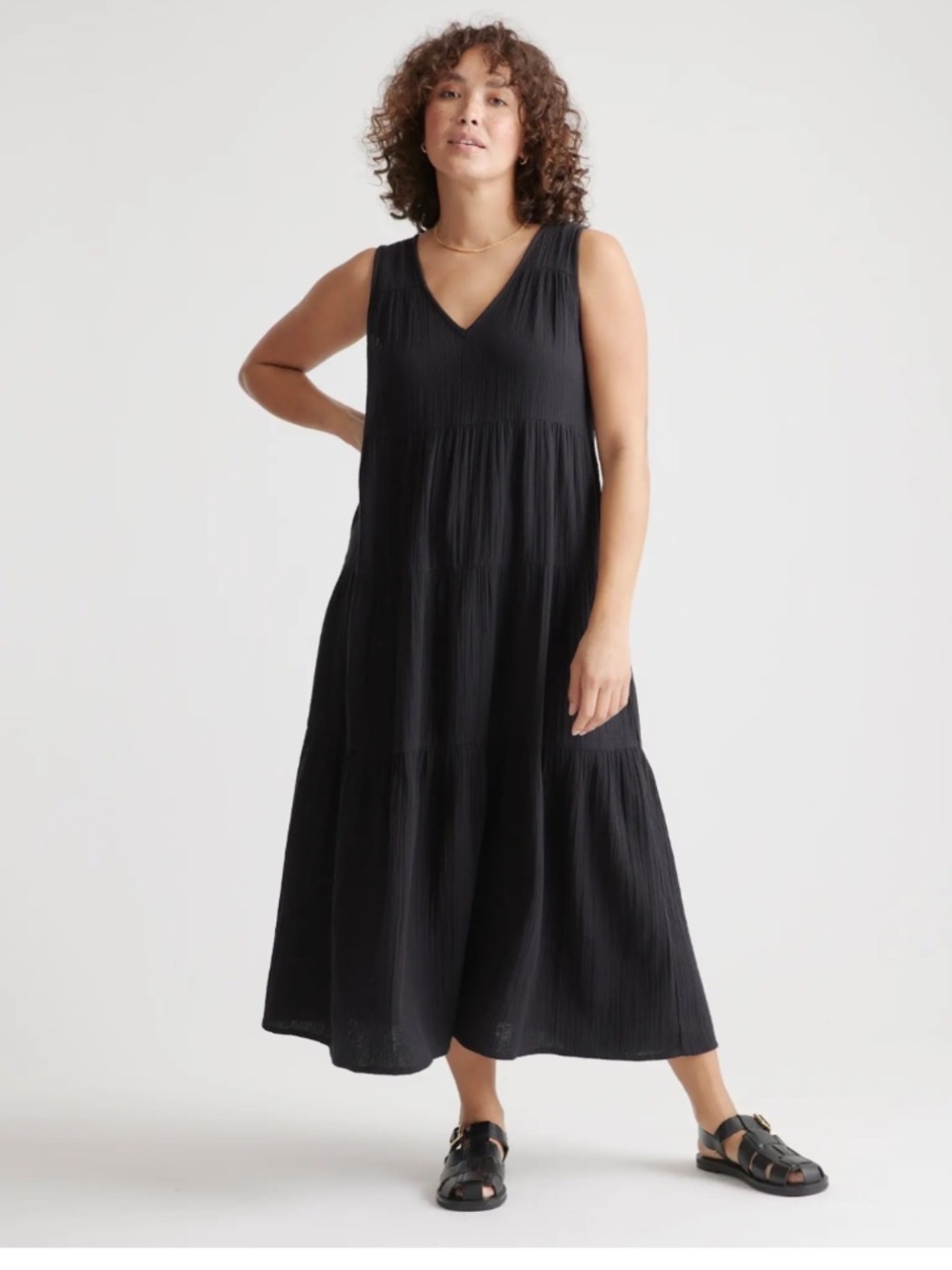 Quince Gauze Tiered Maxidress Black Large NWT